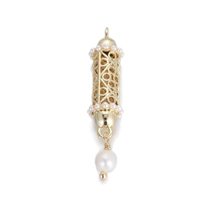 Close-up of a 14K gold-plated hollow cylinder pendant featuring white pearl accents