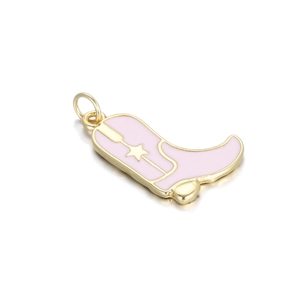Detailed view of pink enamel cowboy boot charm with gold star and metal hanging loop