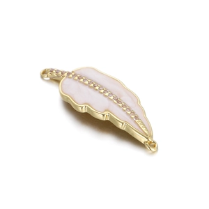 Detail view of a 14K gold-plated feather connector with pink enamel and zircons