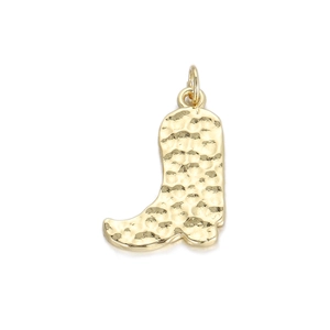 Detailed view of golden hammered cowboy boot pendant with metallic texture and loop