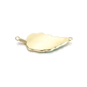 Detail of 14K gold leaf jewelry pendant with blue enamel and dual connecting loops