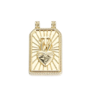 Gold plated rectangular pendant featuring sacred heart, cross, and radiant light relief