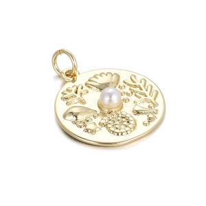 14K gold plated ocean round pendant with shell and starfish relief and faux pearl