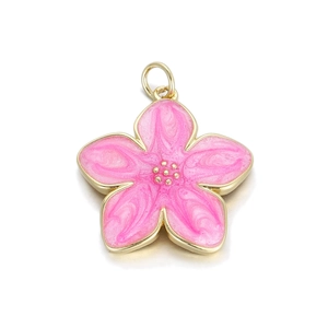 Pink sakura flower pendant with gold edges and shimmering enamel for DIY jewelry making