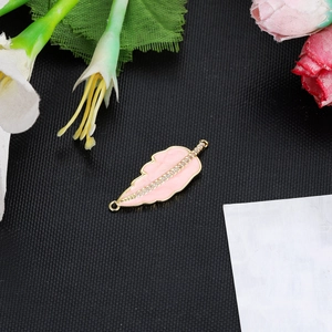 Pink enamel leaf pendant with 14K gold plating and white zircon inlay for DIY jewelry