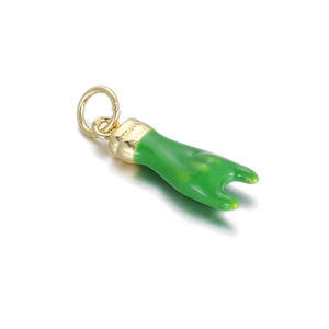Macro detail of green enamel Mano Cornuto pendant charm with gold-plated ring attachment