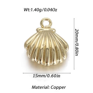 Detail van afmetingen en koperen materiaalspecificaties voor de schelphanger voor sieraden