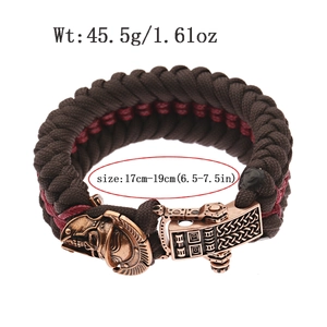 Detail of paracord survival bracelet with warrior helmet buckle and size specifications
