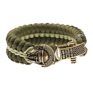 Survival bracelet with olive green paracord and antique skull totem buckle