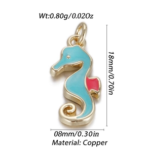 Golden copper seahorse charm with blue and red enamel for DIY jewelry making