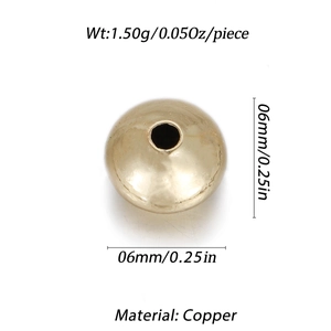 Macro view of 6mm round gold copper bead with weight and size specifications