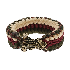 Paracord survival bracelet with multicolor weave and brass mythological creature clasp