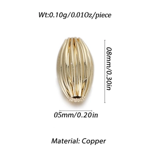Macro view of 8mm gold ribbed copper bead for DIY jewelry making with dimensions