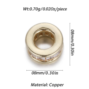 Macro detail of 8mm gold copper bead with pavé zircon stones and product dimensions