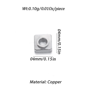 Close-up of 4mm silver-colored copper square spacer bead with detailed dimensions