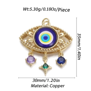 14K gold plated evil eye pendant with colorful zircons and size specifications