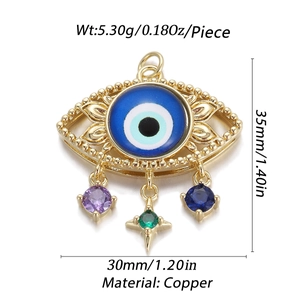 Detailed view of copper evil eye pendant with blue inlay and colorful charms, size 35x30mm