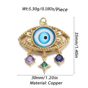 Technical view of 14K gold-plated Evil Eye pendant showing 35mm x 30mm dimensions