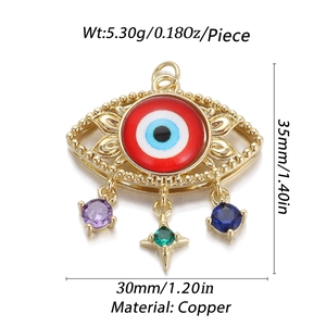 Detailed view of evil eye copper pendant with colorful gemstones and dimensions shown