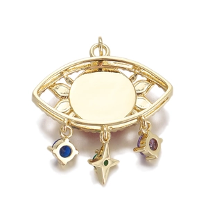 Detail view of 14K gold plated evil eye pendant with blue green and purple gemstones