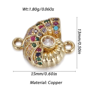 Macro detail of a gold copper snail charm with colorful cubic zirconia and dimensions