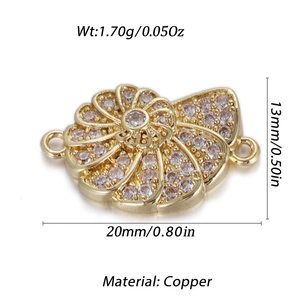 Golden shell connector with cubic zirconia, copper jewelry DIY part measuring 20mm x 13mm
