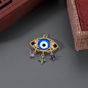 Detailed view of 14K gold-plated Evil Eye pendant with three colored gemstone charms