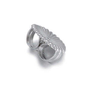 Macro shot of silver scalloped ear nut backs with radiant texture and double-loop grip