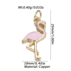 Pink flamingo charm pendant with dimensions 25mm height and copper material details