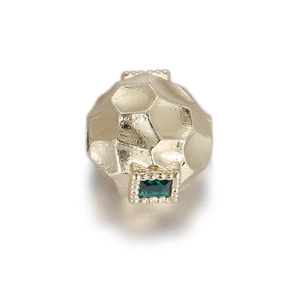 Vintage hammered gold charm bead with emerald-green rectangle gemstone for jewelry making