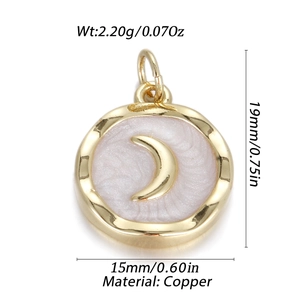 Detailed view of a 15mm moon-themed circular pendant in 14k gold-plated copper material