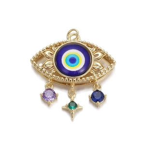 14K gold plated evil eye pendant with blue eye center and dangling multicolor gemstones