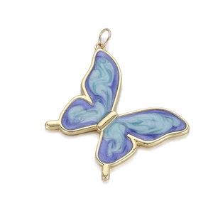 Colgante mariposa dorada romántica con esmalte azul-púrpura para collares y joyas DIY