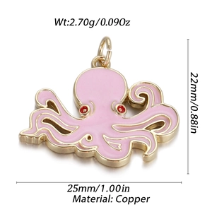 Pink enamel octopus pendant in copper with gold finish showing 22mm x 25mm dimensions