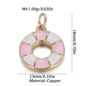 Pink and white lifebuoy pendant charm in copper with dimensions of 18mm x 13mm