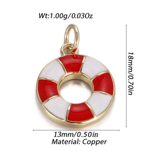 Detail of red and white enamel lifebuoy pendant charm with copper dimensions and weight