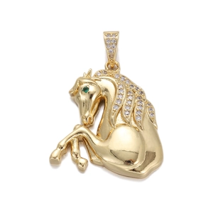 Gold-plated horse pendant with sparkling white cubic zirconia and green gemstone eye detail