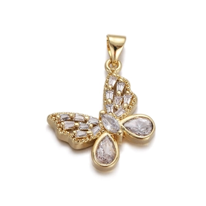 Detailed view of a gold-plated butterfly pendant with shimmering zircon crystal inlay