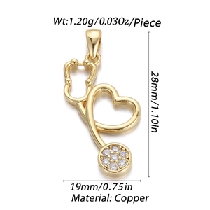 Macro detail of gold stethoscope heart pendant with micro-zirconia inlay dimensions