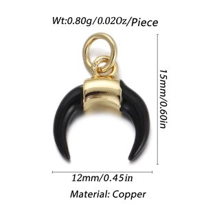 Detail of horn crescent pendant with black enamel finish showing size 15mm by 12mm