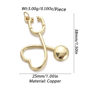 Detailed view of gold stethoscope pendant showing 38mm height and copper material specs