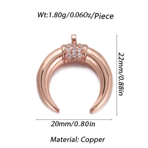 Rose gold crescent moon pendant in copper with clear zircons, 22mm size and 1.8g weight