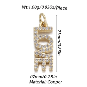 Detailed view of copper LOVE pendant with micro-pave white zircon stones