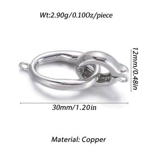 Detailweergave van de 30mm x 12mm zilveren koperen sieraadsluiting met maten