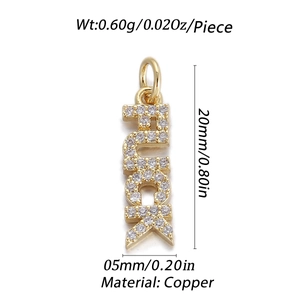 Detailed macro view of gold-plated copper FUCK letter pendant with white cubic zirconia