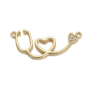 Gold stethoscope heart pendant with micro-pave cubic zirconia and double loops