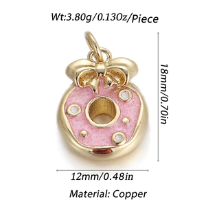 Pendentif donut rose avec nœud doré en cuivre, vue détaillée de 18 mm pour la création