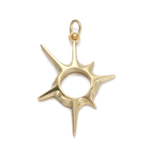 Starburst sun pendant in gold plated metal with eight-pointed rays for DIY jewelry