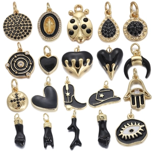 Dijes de Esmalte Negro para Creación de Joyas Cobre Chapado en Oro Corazón Sombrero Vaquero Pendant Only (Without Chain)