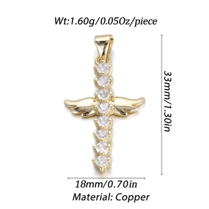 Gold plated copper winged cross pendant necklace charm with white zircon accents